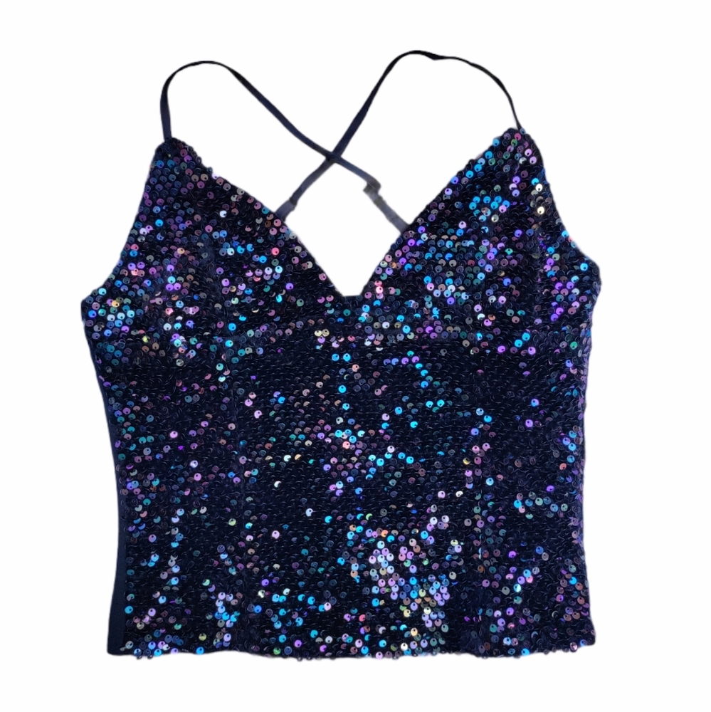 Blush S sequin iridescent tank top zip spaghetti